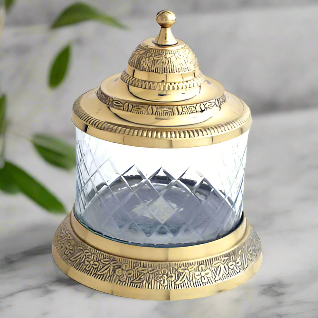 Brass and Glass Jar with Lid. 6 3/4"H. Bathroom Accessories,Bathroom Decor,Home Decor,Bathroom Storage and Organization,Qtip Holder for Room Decor Aesthetic