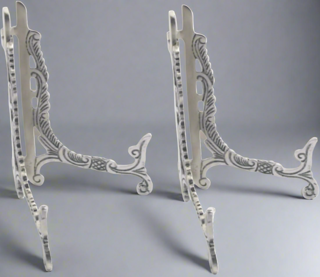 Pewter 9" Victorian Easel - Set of 2. Saucer Holder, Photo Stand, Buffet Menu Display. Victorian Card Holder.