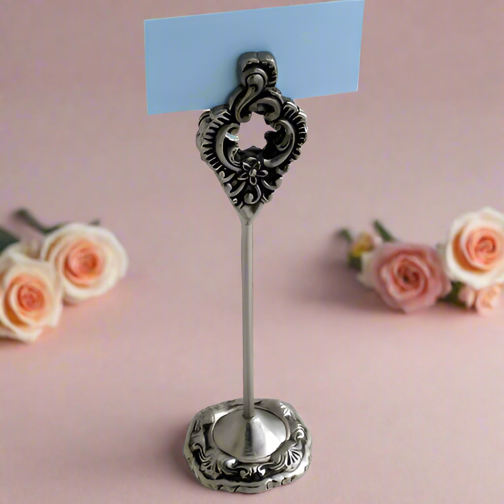 Pewter 8"H Victorian Card Holder - Set of 4 Photo Holders for Tables, Cards Stand Name Menu Clips, Table Sign Holders for Wedding Anniversary Birthday Party,