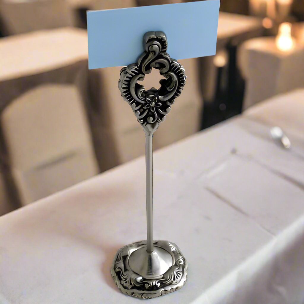 Pewter 8"H Victorian Card Holder - Set of 4 Photo Holders for Tables, Cards Stand Name Menu Clips, Table Sign Holders for Wedding Anniversary Birthday Party,
