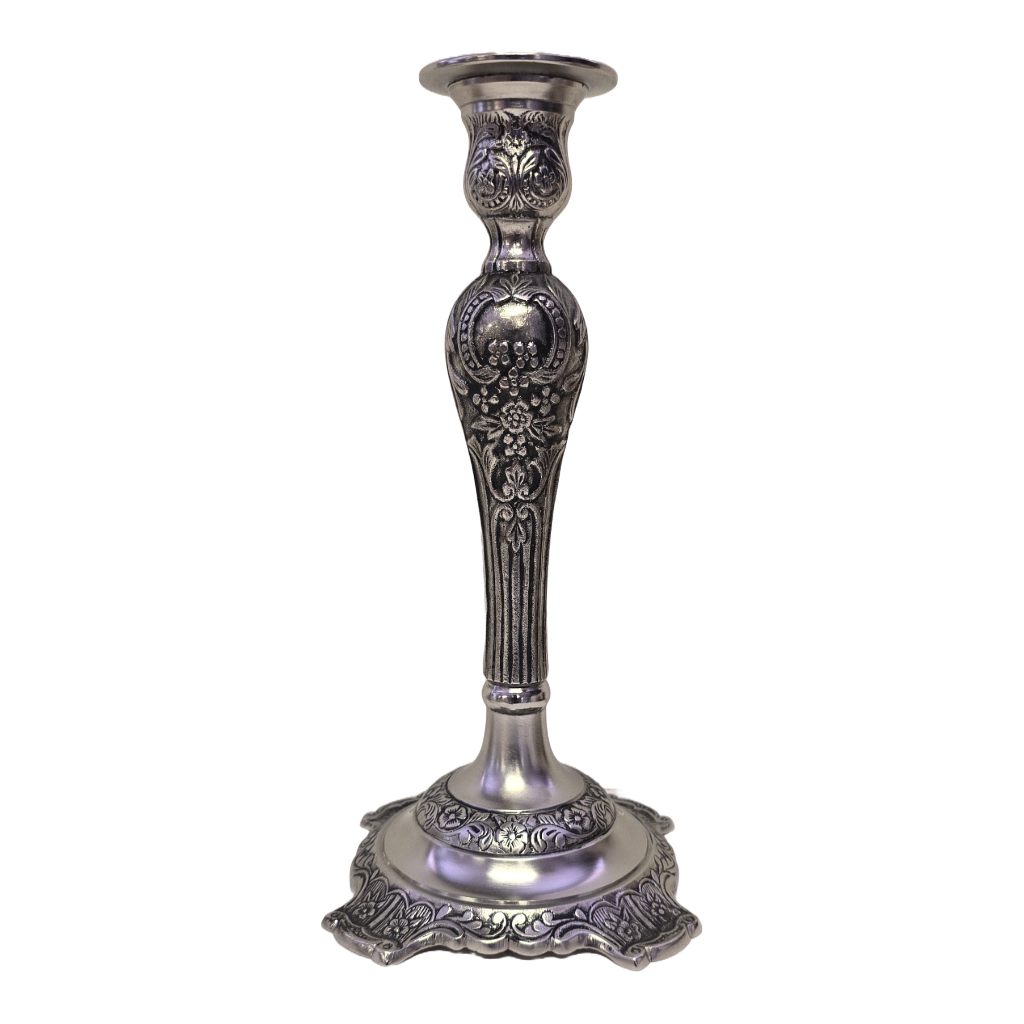 Pewter 12"H Candlestick for Regular Taper Candles. Heavy Casted Brished Nickel.