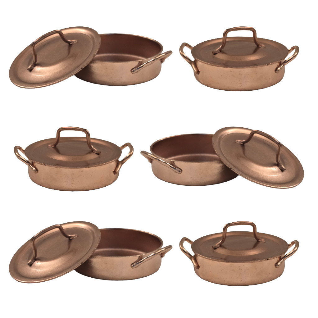 Miniature Copper Cooking Pots – 1" Diameter - Set of 6.Dollhouse Kitchen Accessories for 1:12 Scale – Real Metal Cookware for Miniatures, Fairy Gardens, Dioramas, and Shadow Boxes.