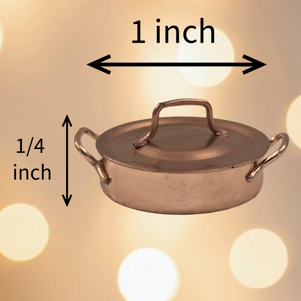 Miniature Copper Cooking Pots – 1" Diameter - Set of 6.Dollhouse Kitchen Accessories for 1:12 Scale – Real Metal Cookware for Miniatures, Fairy Gardens, Dioramas, and Shadow Boxes.