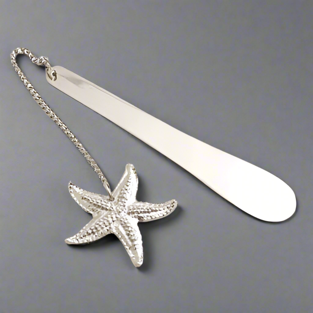 Silver Starfish Bookmark, Nautical Beach Book Windy Page Saver with Chain - Set of 4