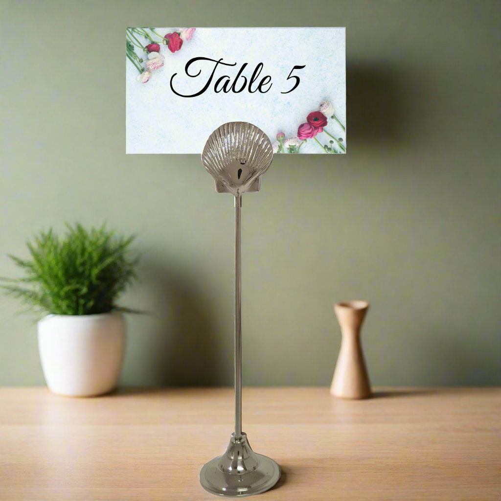 Silver Shell Table Number Holder. Nautical Buffet Menu Display - Set of 4