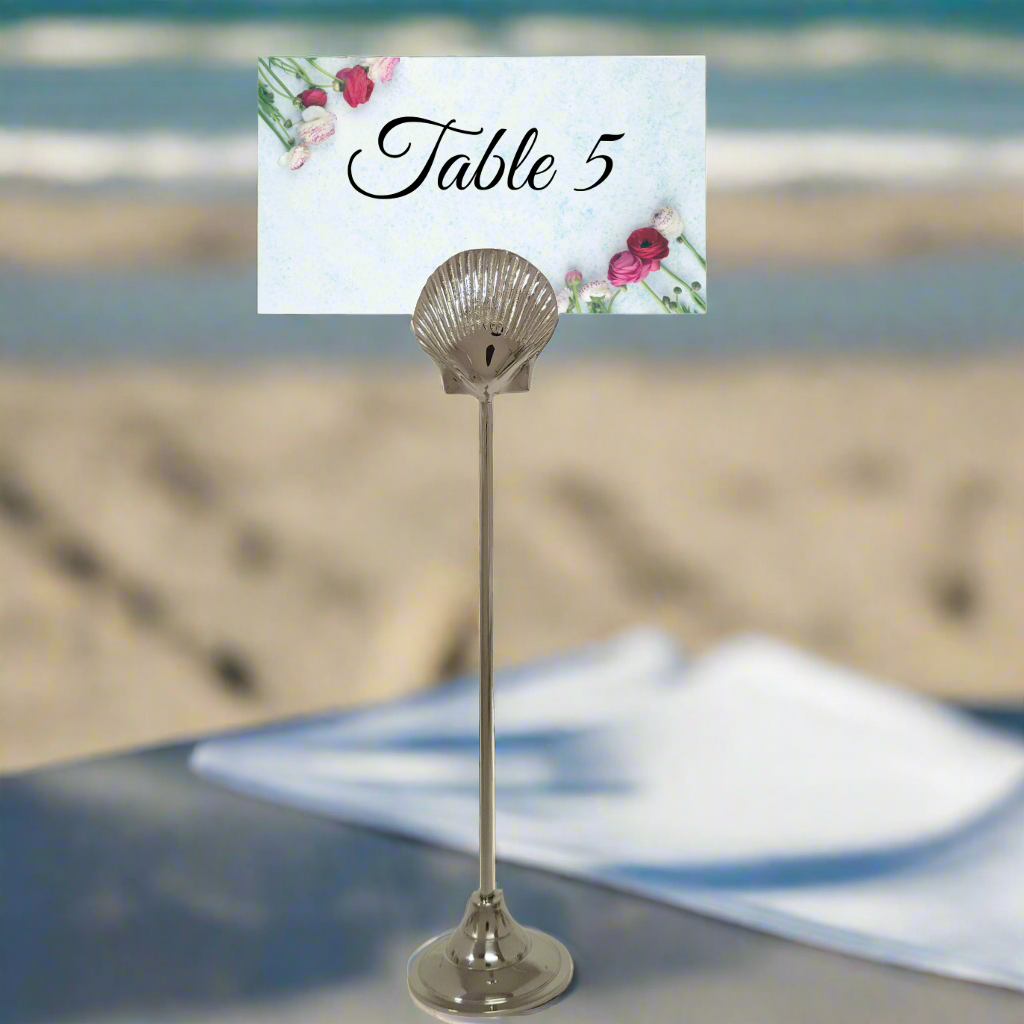 Silver Shell Table Number Holder. Nautical Buffet Menu Display - Set of 4
