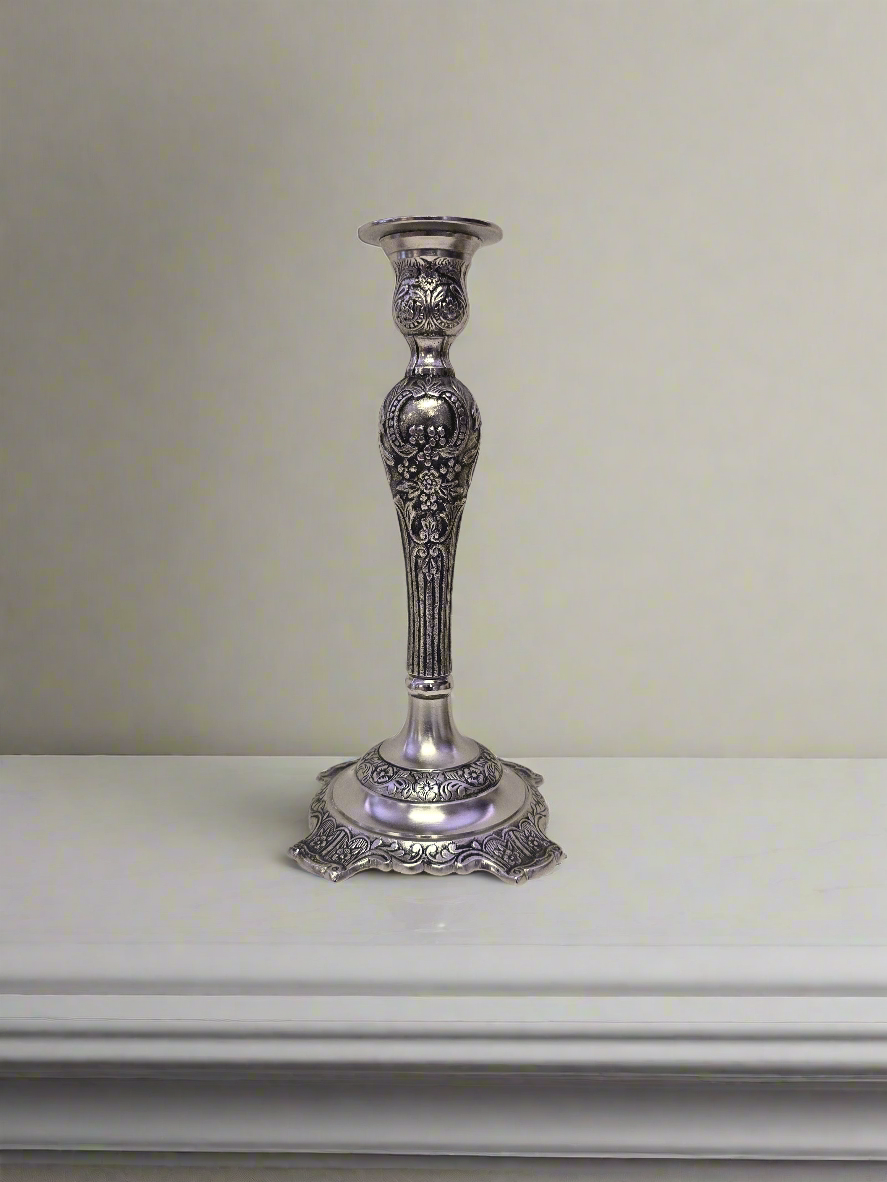 Pewter 12"H Candlestick for Regular Taper Candles. Heavy Casted Brished Nickel.