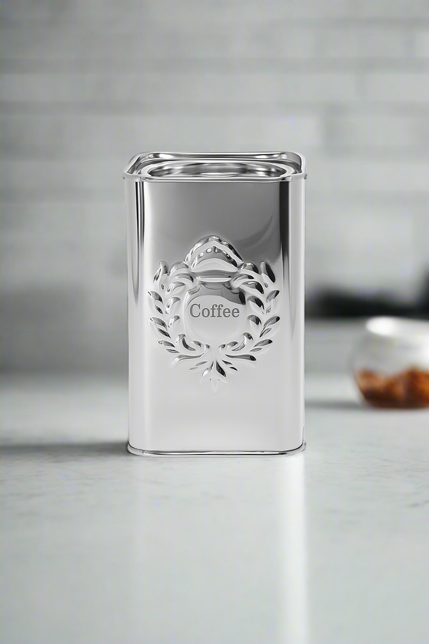 Silver Coffee Canister 6" x 4" Silver Storage Container with Lid, Decorative Embossed Coffee Design. Kitchen Accessory.
