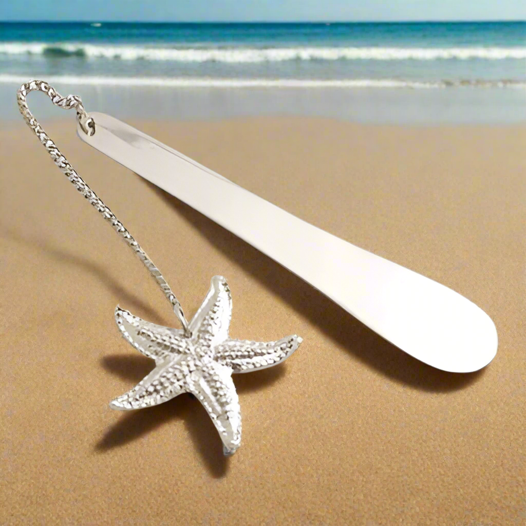 Silver Starfish Bookmark, Nautical Beach Book Windy Page Saver with Chain - Set of 4