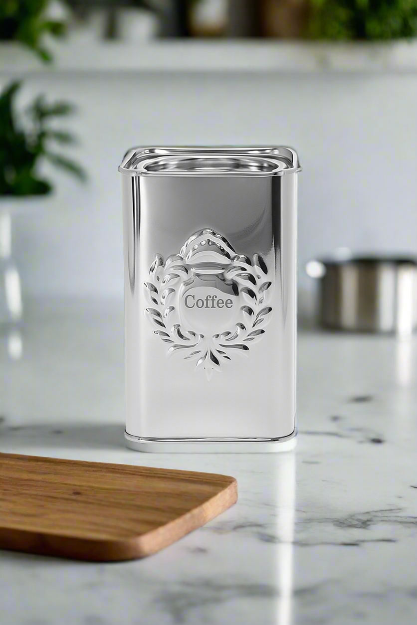 Silver Coffee Canister 6" x 4" Silver Storage Container with Lid, Decorative Embossed Coffee Design. Kitchen Accessory.