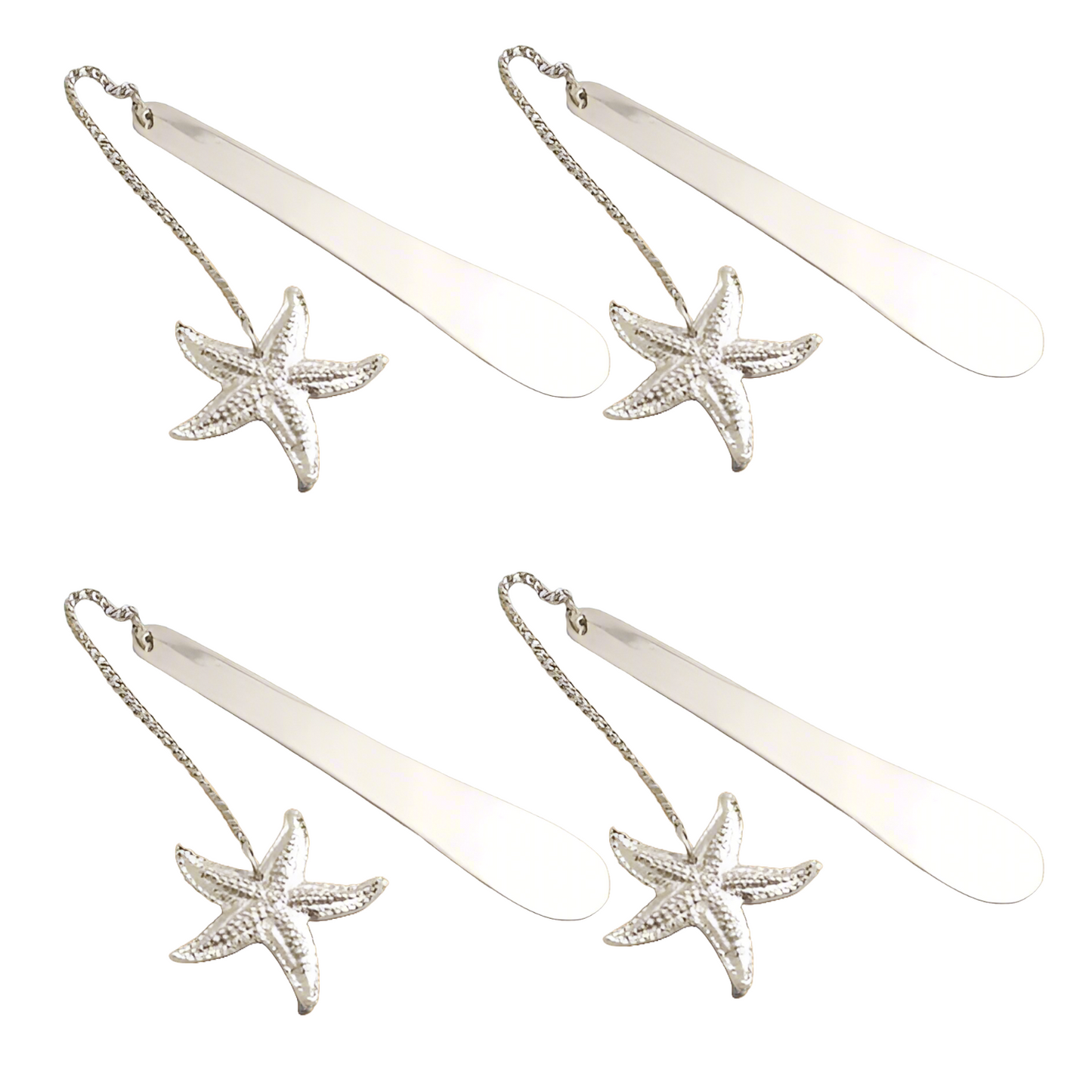 Silver Starfish Bookmark, Nautical Beach Book Windy Page Saver with Chain - Set of 4