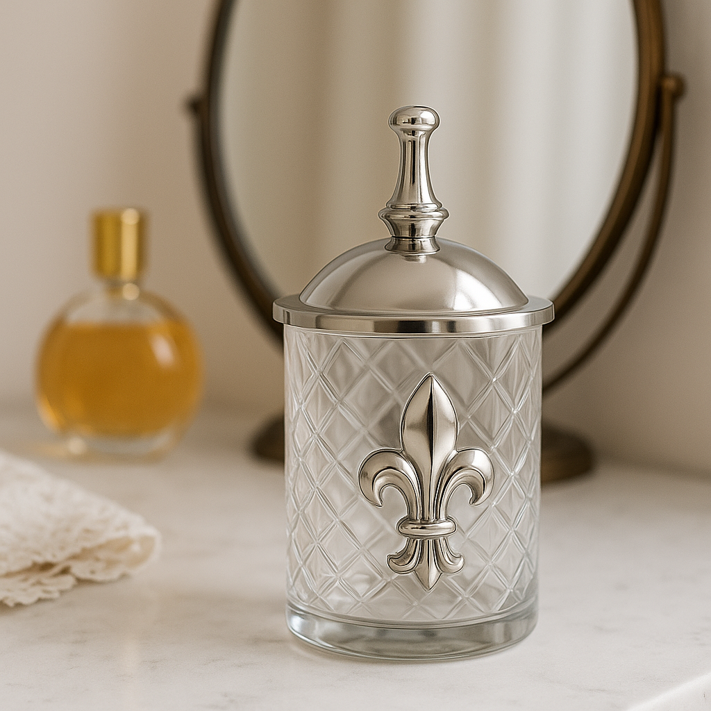 Silver 5"H Fleur De Lis Emblem on Etched Glass Jar with Lid, Bathroom Mouthwash Glass. Set of 2