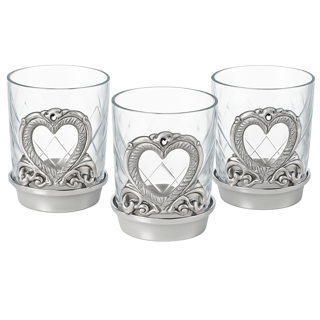 Silver Base & Etched Glass Votive Candle Holder Cup - Set of 3