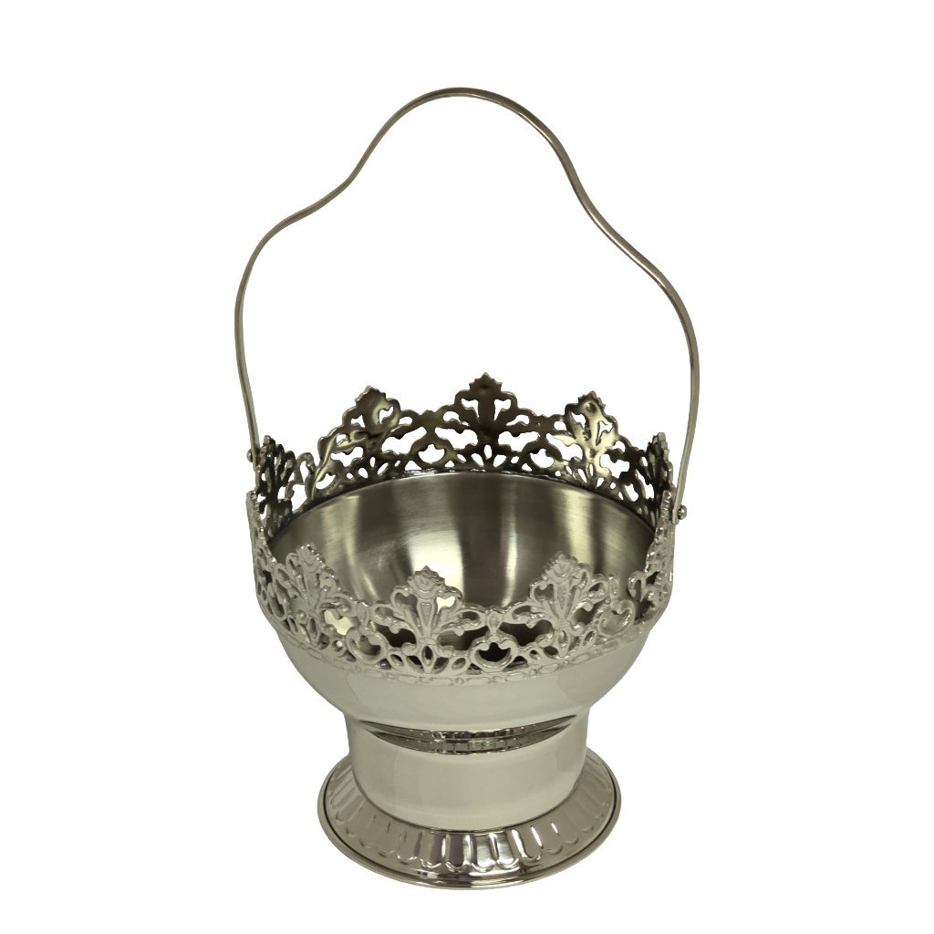 Silver 7" Diameter Floral Basket. Folding Handle. Victorian Design Centerpiece