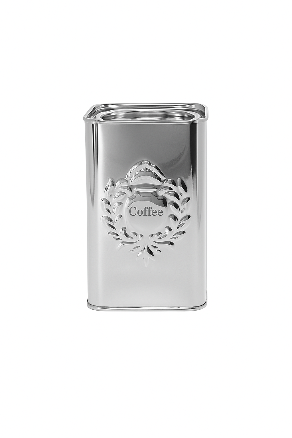 Silver Coffee Canister 6" x 4" Silver Storage Container with Lid, Decorative Embossed Coffee Design. Kitchen Accessory.