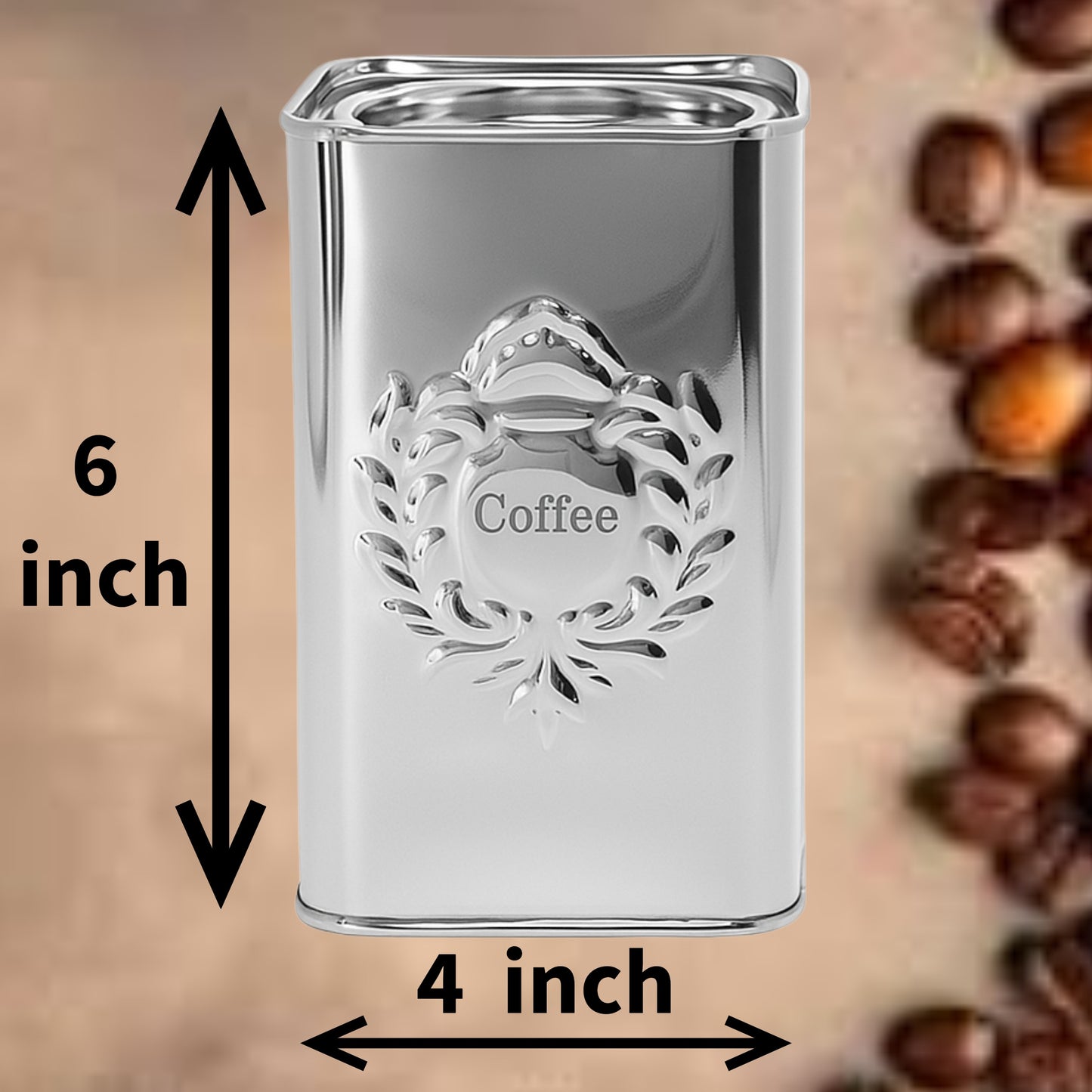 Silver Coffee Canister 6" x 4" Silver Storage Container with Lid, Decorative Embossed Coffee Design. Kitchen Accessory.