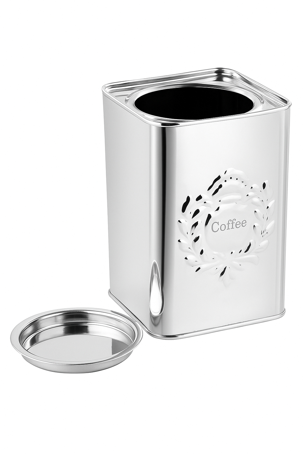 Silver Coffee Canister 6" x 4" Silver Storage Container with Lid, Decorative Embossed Coffee Design. Kitchen Accessory.