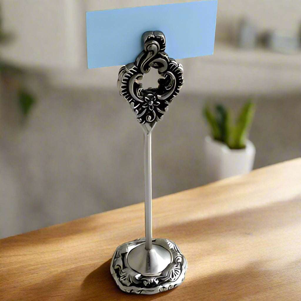 Pewter 8"H Victorian Card Holder - Set of 4 Photo Holders for Tables, Cards Stand Name Menu Clips, Table Sign Holders for Wedding Anniversary Birthday Party,