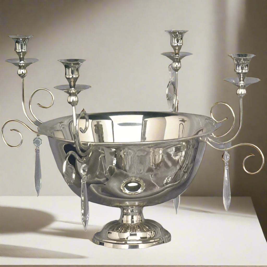 Nickel Centerpiece Bowl with four candle holders. Tarnish Resistant.