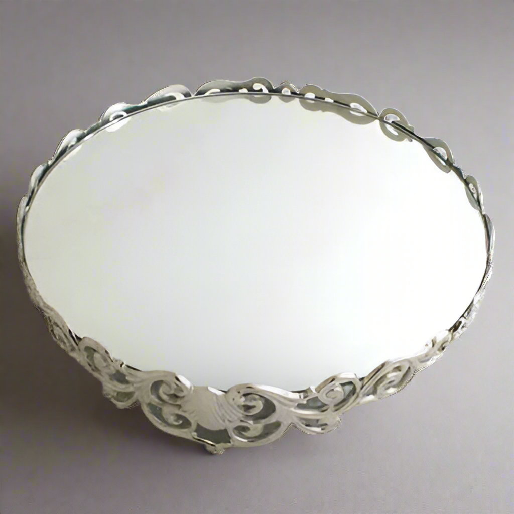 Nickel Mirrored top 23" Round Tray, Wedding Cake Plateau. Centerpiece. Buffet Table.