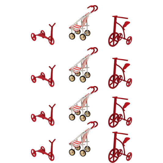 Christmas Shadow Box Miniature Toy Set, Vintage Style Red Stroller Tricycle and Scooter, Set of 12 Metal Figures for Holiday Dioramas, Crafts and Tiered Tray Decor
