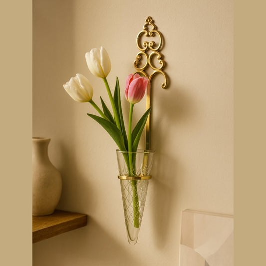 Brass Wall Hanging Etched Glass Floral Vase, 25 Inch Decorative Wall Pocket Sconce for Flowers, Bud Vase Wall Décor for Entryway, Hallway or Living Room