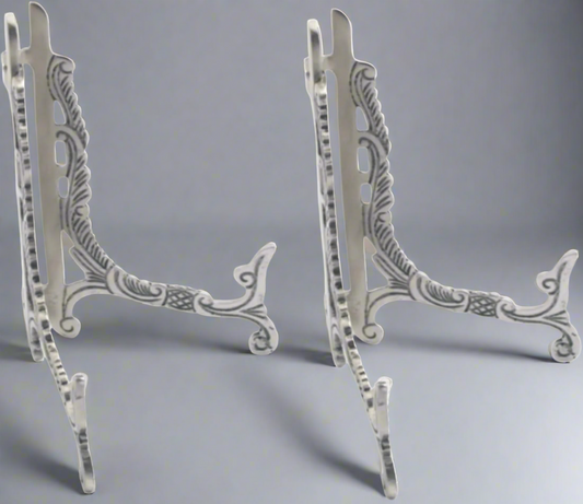 Pewter 9" Victorian Easel - Set of 2. Saucer Holder, Photo Stand, Buffet Menu Display. Victorian Card Holder.
