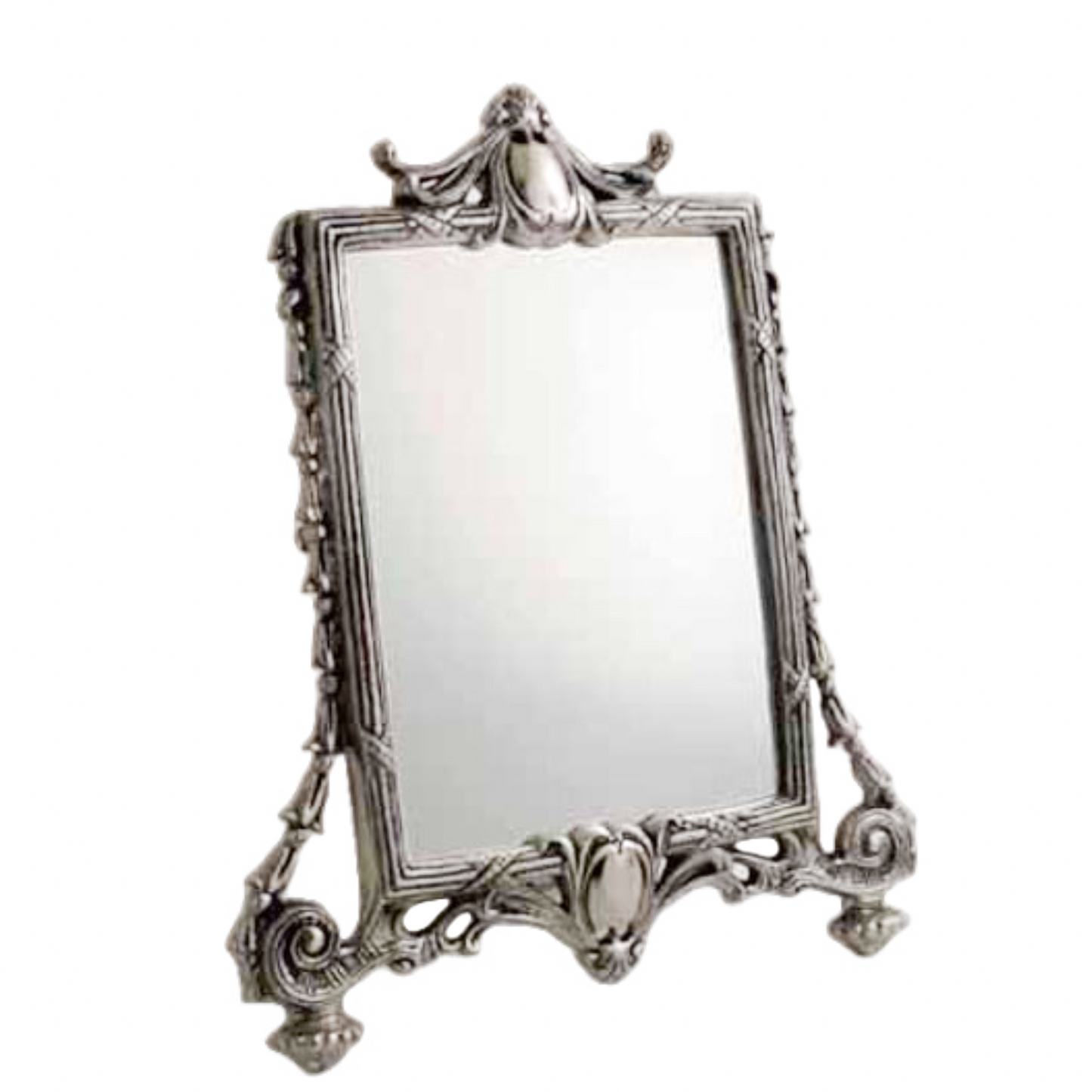 Pewter Vanity Mirror. 10" x 12 1/2" Vanity Mirror Vintage Makeup Mirror Victorian Tabletop Vanity Dressing Room Elegant Decorative Mirror Embossed Frame