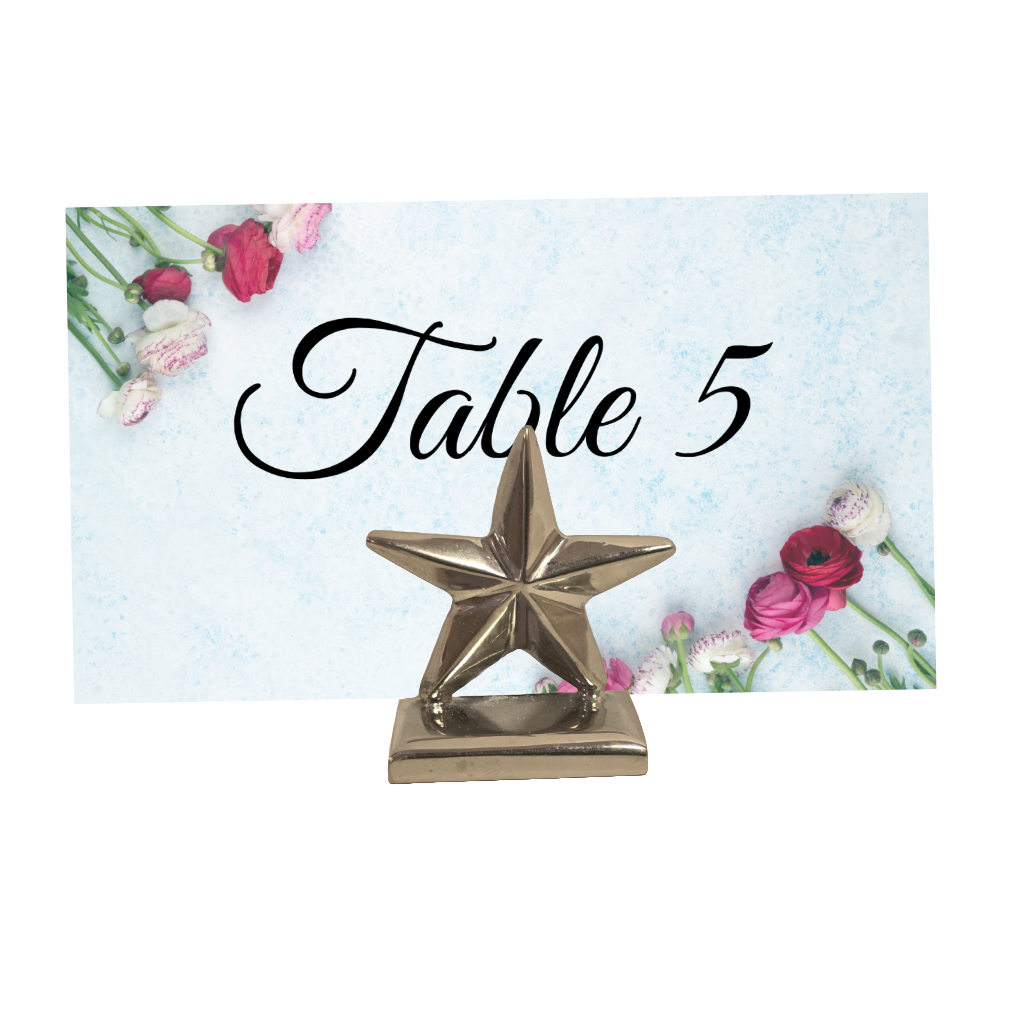 Star Place Card Holders, Set of 6,  1.5” High Table Number Holders for Weddings, Parties, Holidays & Events – Star Design – Photo, Menu, or Note Stand
