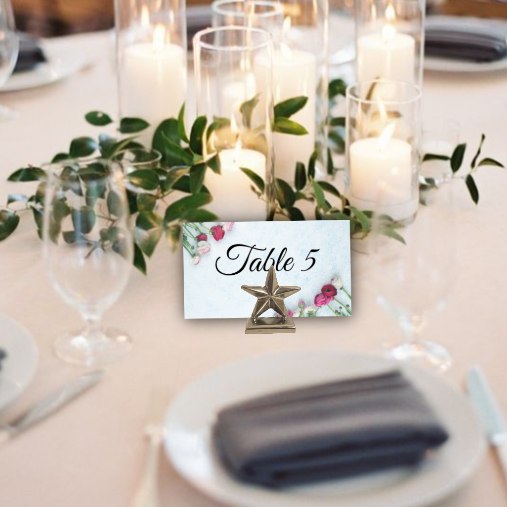 Star Place Card Holders, Set of 6,  1.5” High Table Number Holders for Weddings, Parties, Holidays & Events – Star Design – Photo, Menu, or Note Stand