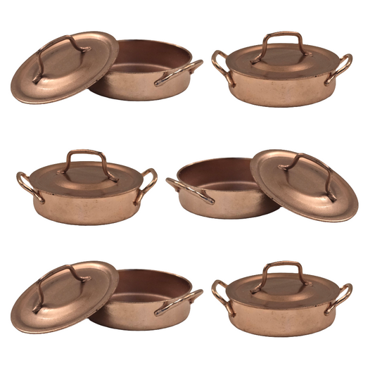 Miniature Copper Cooking Pots – 1" Diameter - Set of 6.Dollhouse Kitchen Accessories for 1:12 Scale – Real Metal Cookware for Miniatures, Fairy Gardens, Dioramas, and Shadow Boxes.