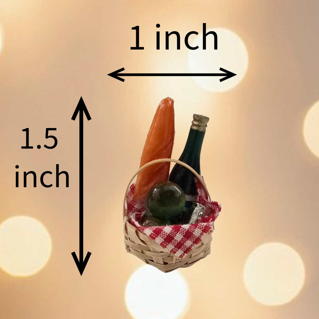 Dollhouse Miniature Baskets with Wine and Baguette - Set of 6 – 1:12 Scale Kitchen Accessories – Handmade Food Props for Doll House Dining Room Decor