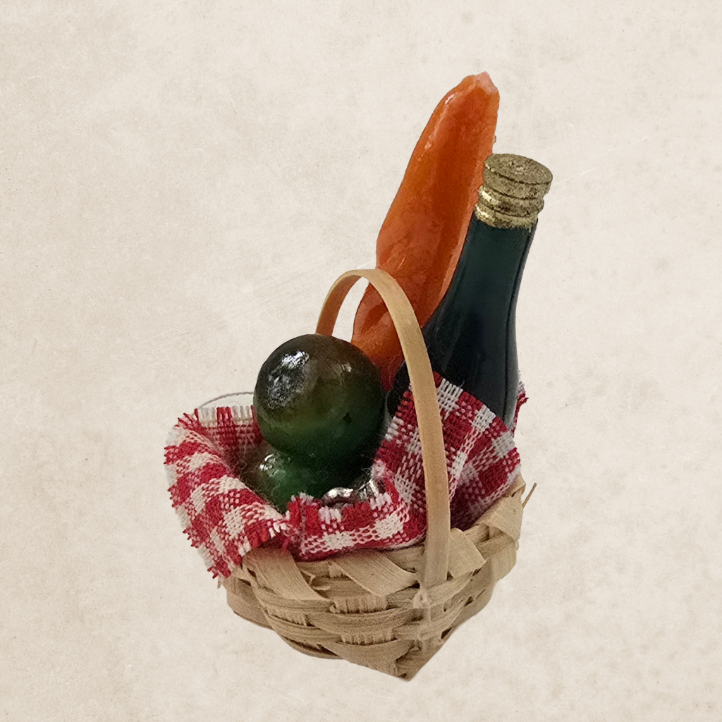 Dollhouse Miniature Baskets with Wine and Baguette - Set of 6 – 1:12 Scale Kitchen Accessories – Handmade Food Props for Doll House Dining Room Decor