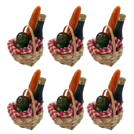 Dollhouse Miniature Baskets with Wine and Baguette - Set of 6 – 1:12 Scale Kitchen Accessories – Handmade Food Props for Doll House Dining Room Decor