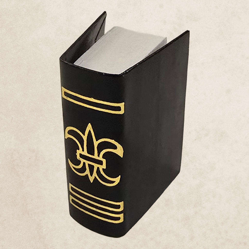 Dollhouse Miniature Books / Bibles - Set of 6 – 1:12 Scale Black Hardcover with Blank Pages. – Miniature Notebooks with Fleur de Lis Emblem for Dollhouse Library, Church, Study, or Bible Display