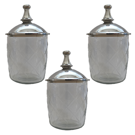 Etched Glass Jar With Silver Lid - Bathroom Accessory, Cotton Ball Holder. Set of 3
