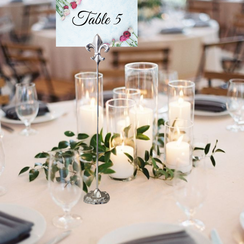 Silver 13" Fleur De Lis Place Card Holder Set of 2 – Tall Decorative Table Number Stand for Weddings, Events, Restaurants & Banquets – Elegant Metal Tabletop Sign Holder for Name Cards & Menus