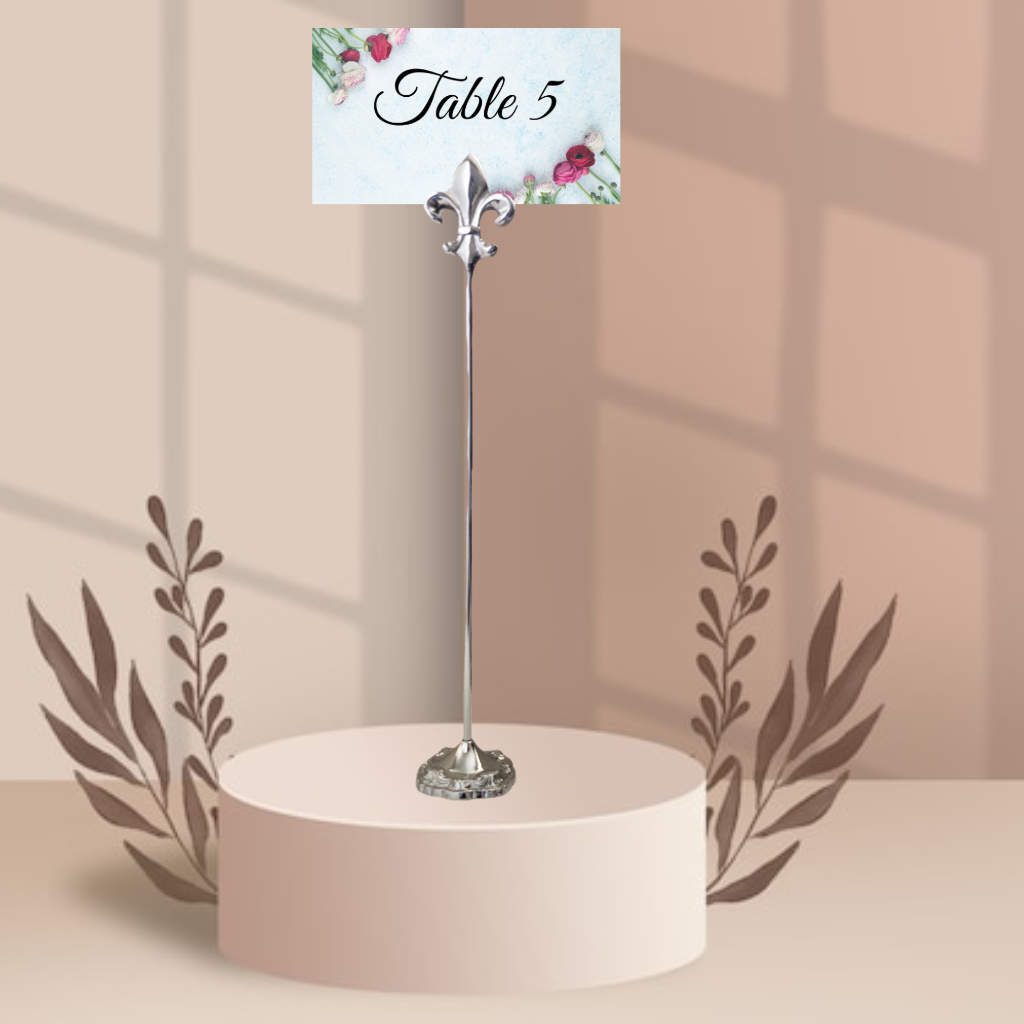 Silver 13" Fleur De Lis Place Card Holder Set of 2 – Tall Decorative Table Number Stand for Weddings, Events, Restaurants & Banquets – Elegant Metal Tabletop Sign Holder for Name Cards & Menus