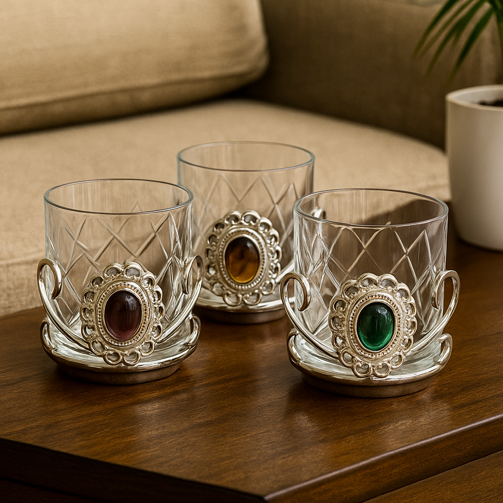 Three decorative glass tumblers with ornate silver bases on a wooden surface.