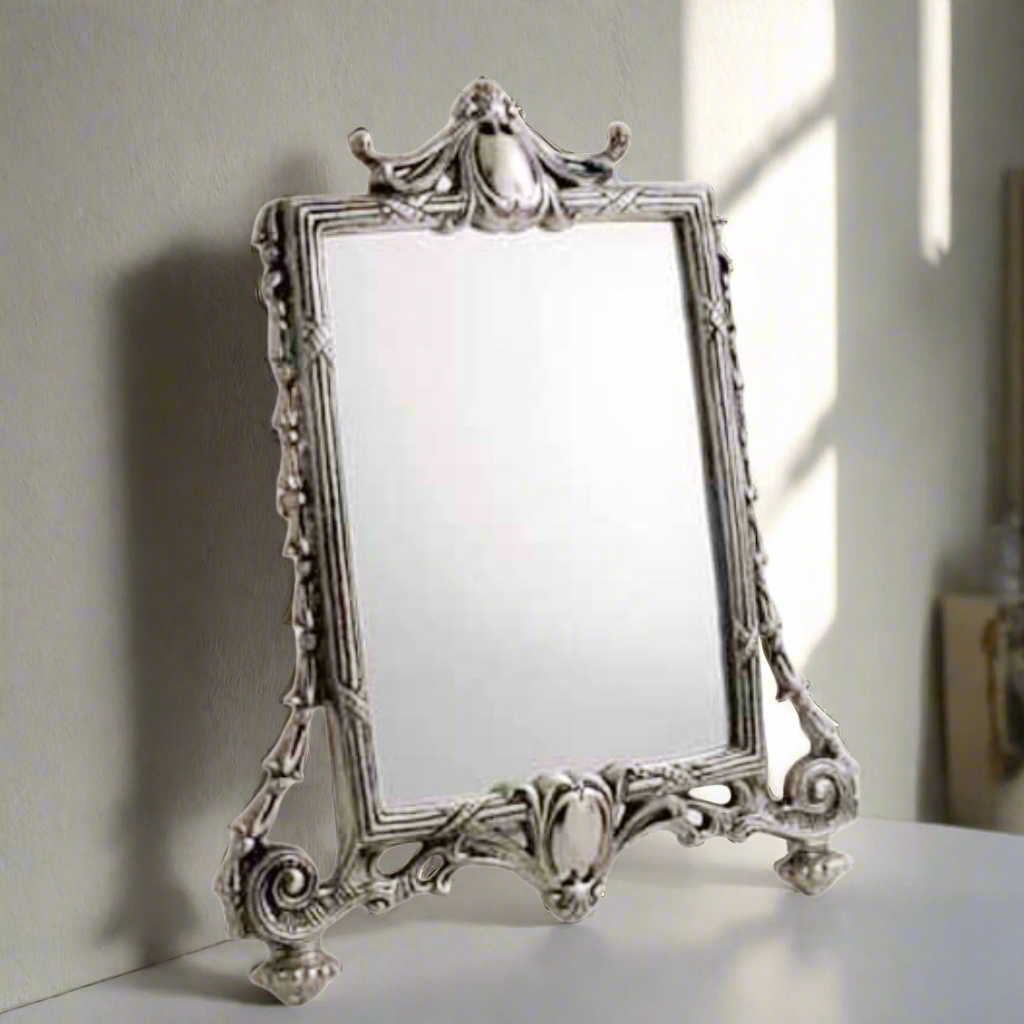 Pewter Vanity Mirror. 10" x 12 1/2" Vanity Mirror Vintage Makeup Mirror Victorian Tabletop Vanity Dressing Room Elegant Decorative Mirror Embossed Frame