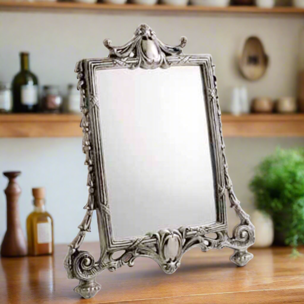 Pewter Vanity Mirror. 10" x 12 1/2" Vanity Mirror Vintage Makeup Mirror Victorian Tabletop Vanity Dressing Room Elegant Decorative Mirror Embossed Frame
