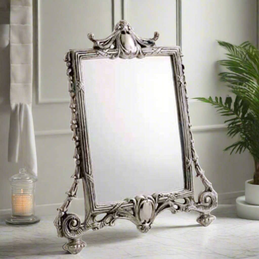 Pewter Vanity Mirror. 10" x 12 1/2" Vanity Mirror Vintage Makeup Mirror Victorian Tabletop Vanity Dressing Room Elegant Decorative Mirror Embossed Frame