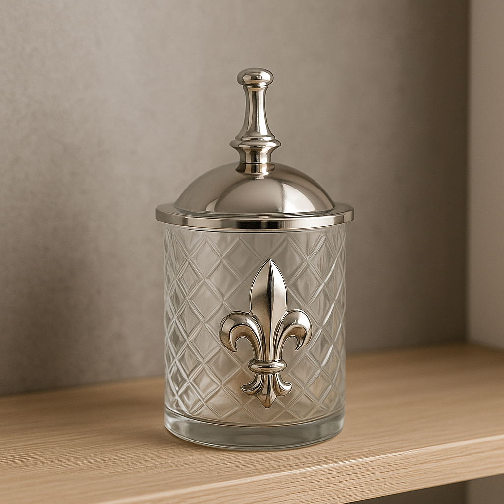 Silver 5"H Fleur De Lis Emblem on Etched Glass  Jar with Lid, Bathroom Mouthwash Glass. Set of 2