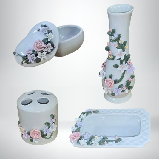 Porcelain Floral Bathroom Accessory Set – 4-Piece Ceramic Decor (Soap Dish, Toothbrush Holder, Flower Bud Vase & Heart Holder with Lid)