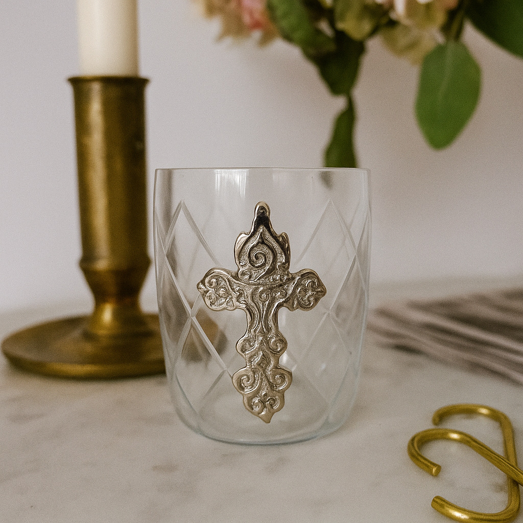 Silver Cross On Glass Votive Candle Holder.  - Set of 3