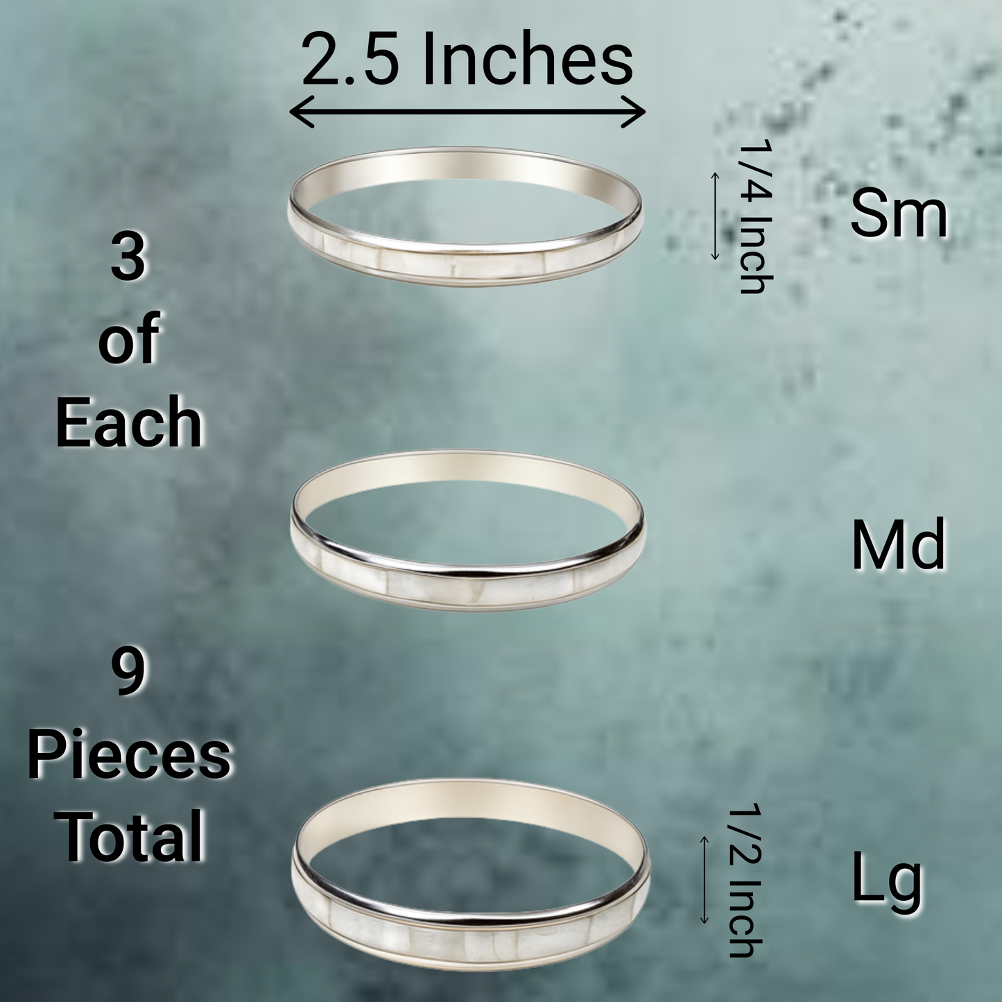 Silver Mother of Pearl Bangles – 9 Piece set, 3 Thin, 3 Medium, 3 Thick. Elegant Bracelets, Handcrafted 2.5-Inch Diameter Jewelry for Wedding, Gift, or Everyday Luxury