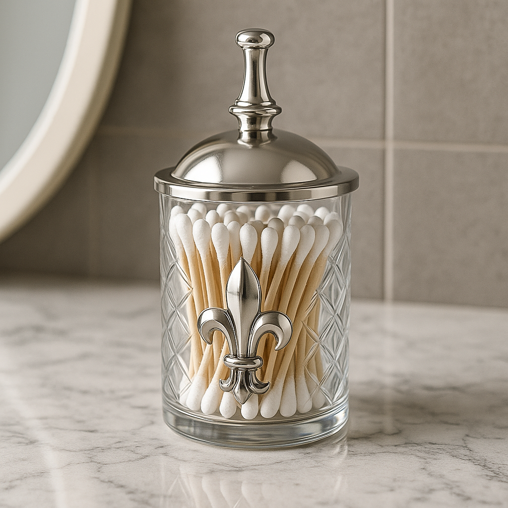 Silver 5"H Fleur De Lis Emblem on Etched Glass  Jar with Lid, Bathroom Mouthwash Glass. Set of 2