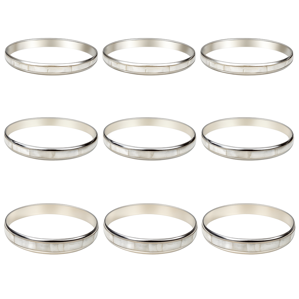 Set of silver bangles on a white background