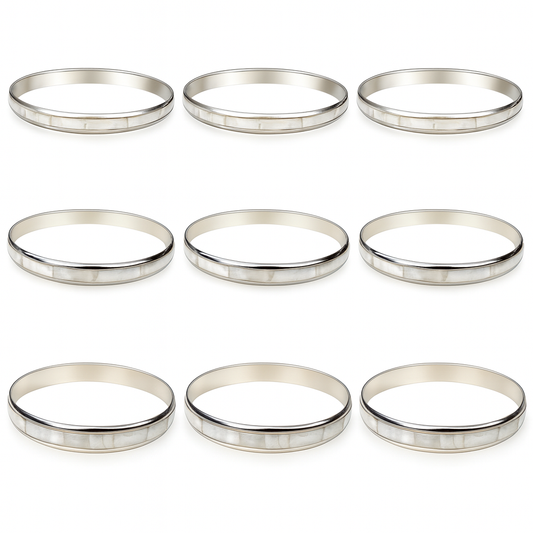 Silver Mother of Pearl Bangles – 9 Piece set, 3 Thin, 3 Medium, 3 Thick. Elegant Bracelets, Handcrafted 2.5-Inch Diameter Jewelry for Wedding, Gift, or Everyday Luxury