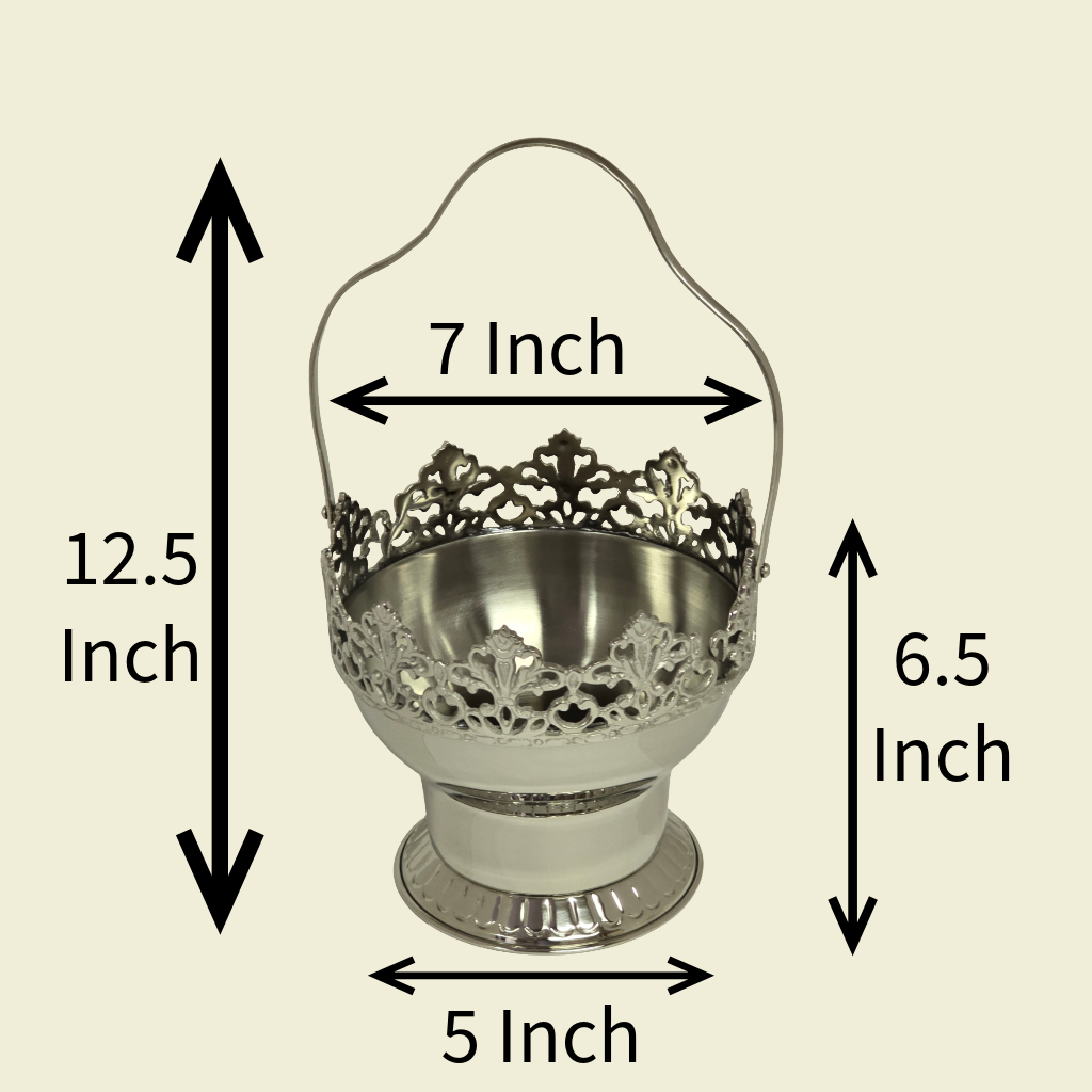 Silver 7" Diameter Floral Basket. Folding Handle. Victorian Design Centerpiece